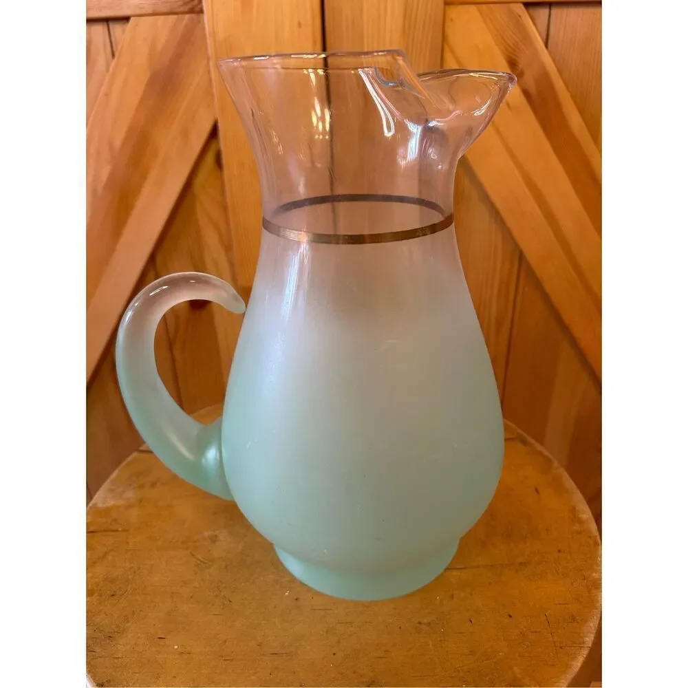 Vtg Blendo Sea Green Frosted Art Glass Pitcher Gold Rim Large MCM Retro Lemonade